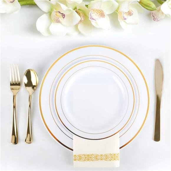 175 Piece Gold Dinnerware Set - 50 Gold Rim Plastic Plates - 25 Gold Silverware - Picture 5 of 8